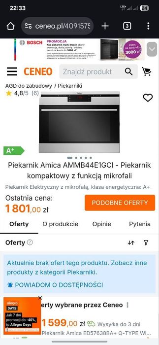 Amica piekarnik z mikrofalą 100% sprawny do zabudowy