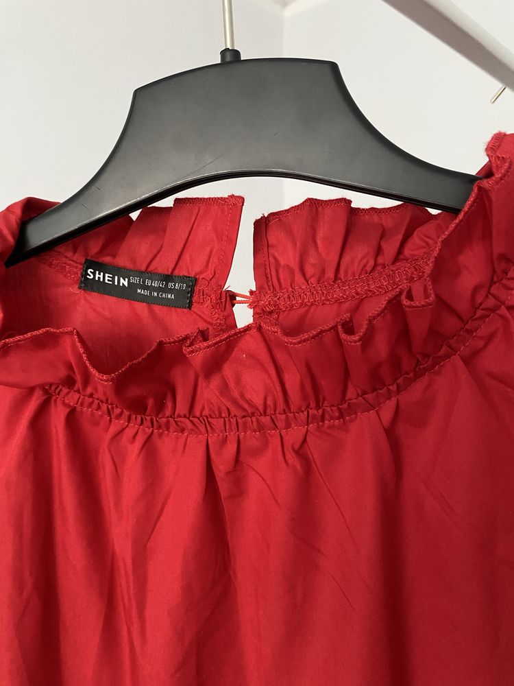 Shein L/XL 40/42 czerwona sukienka z długimi rękawami i falbanami