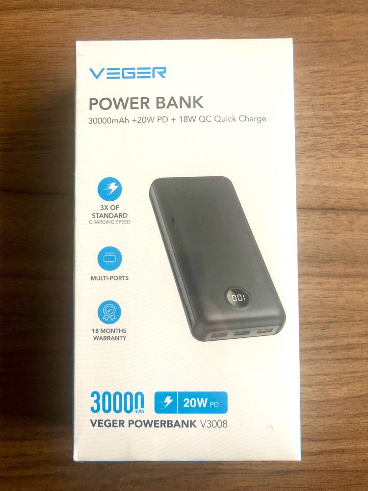 Powerbank Veger 30000mAh + 20W PD + 18W QC Quick Charge