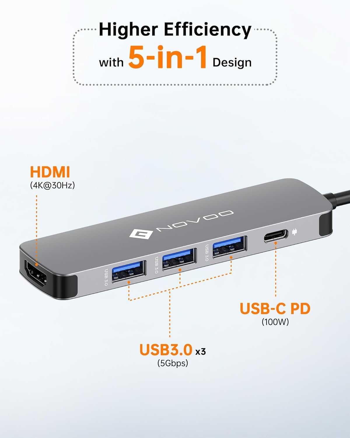 NOVOO R5 PD Port Hub USB-C 5w1 100W, HDMI 4K UHD, 3x USB MacBooka