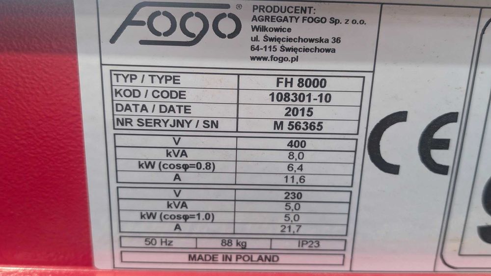 Agregat prądotwórczy Fogo FH 8000 silnik Honda 8,0kVA 3 fazy