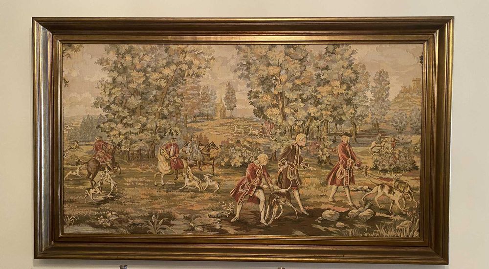 Quadro Tapeçaria com cena de caça 1,48x0,88m – estilo século XVIII/XIX