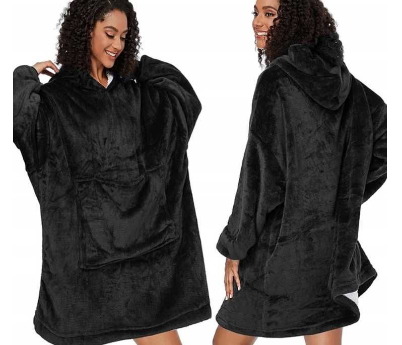 Bluza koc, kocobluza, ciepła, gruba, z kapturem, szlafrok, czarna