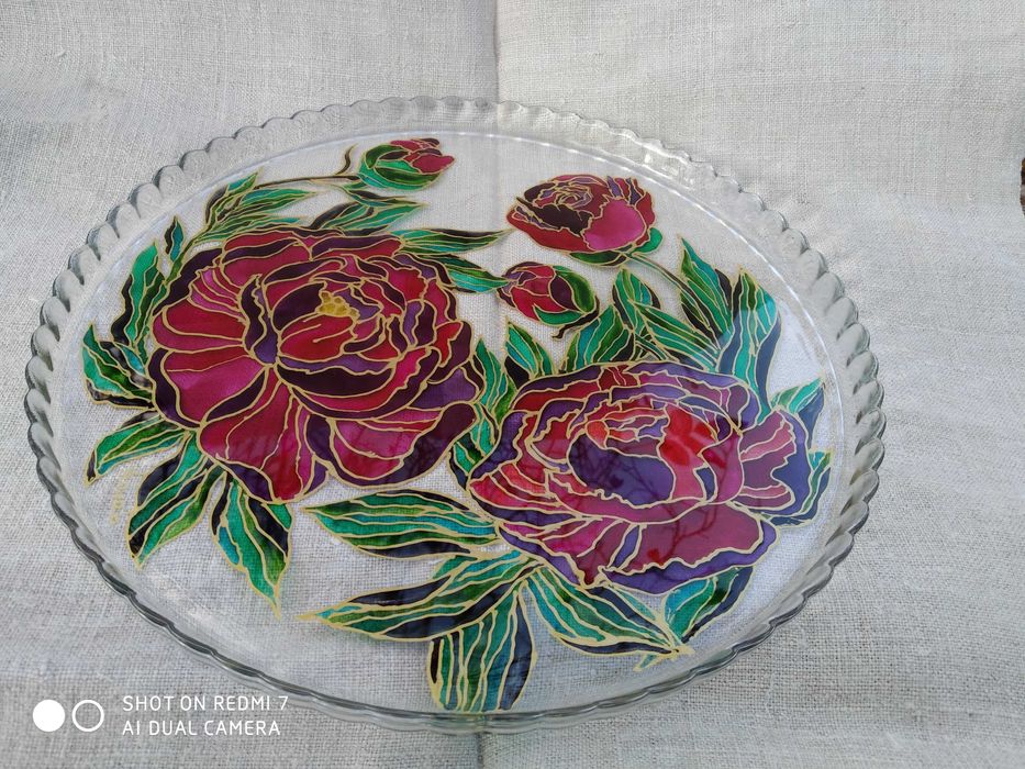 Тортниця. Блюдо для пирогів. Авторський вітражний розпис. Handmade