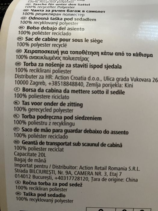 Plecak do samolotu pod siedzenie 20 l