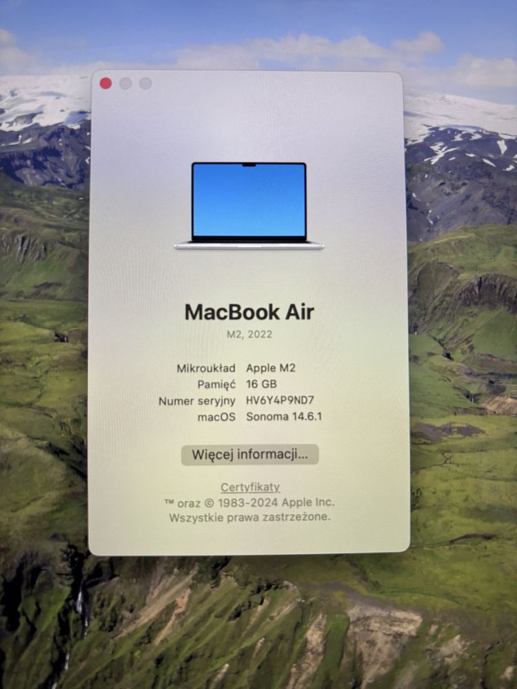 MacBook Air Apple 13 cali czip M2 srebrny 16GB RAM 256GB bateria 100%
