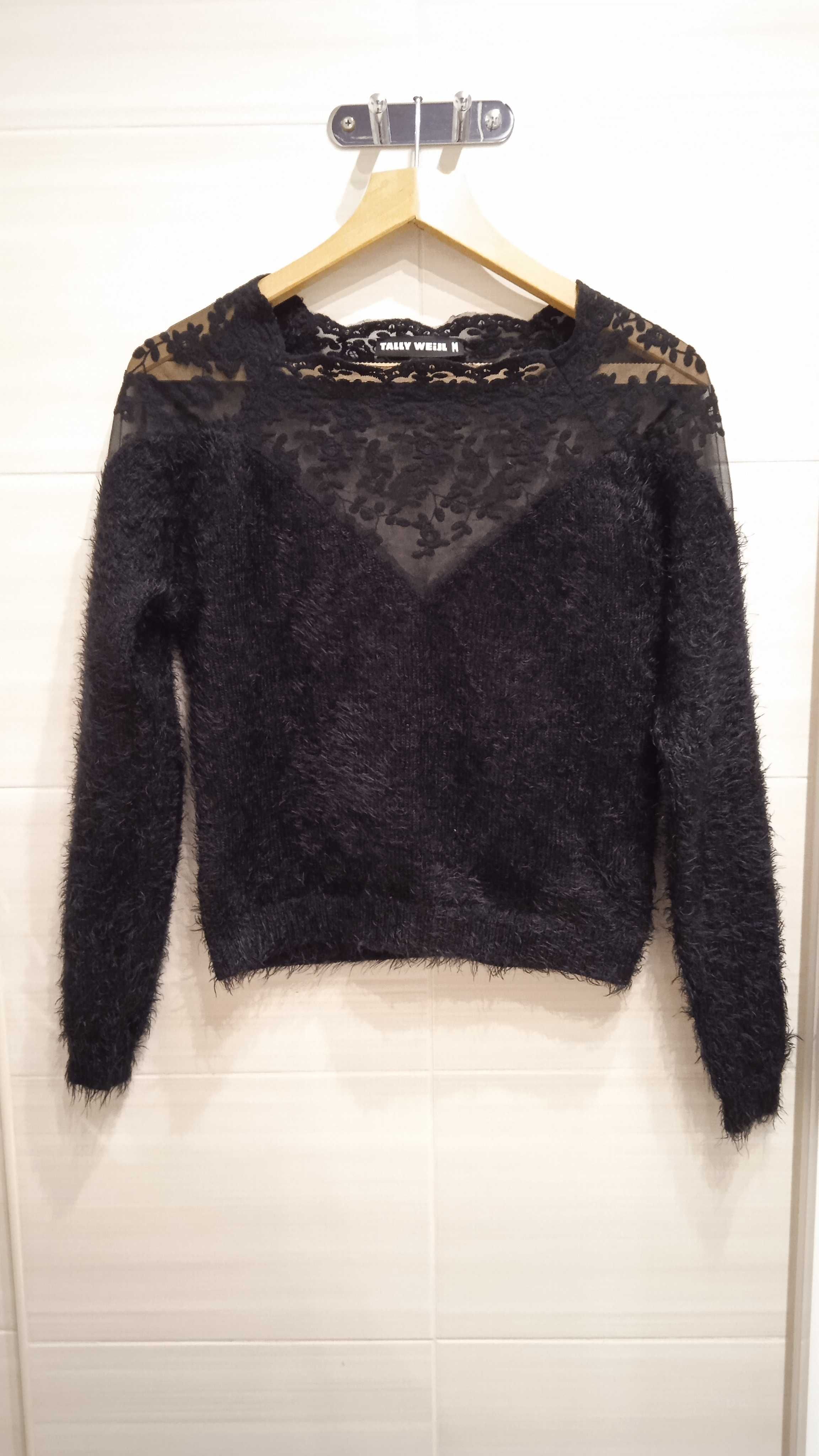 Czarny włochaty sweter z koronką Tally Weijl 38 M elegancki zmysłowy