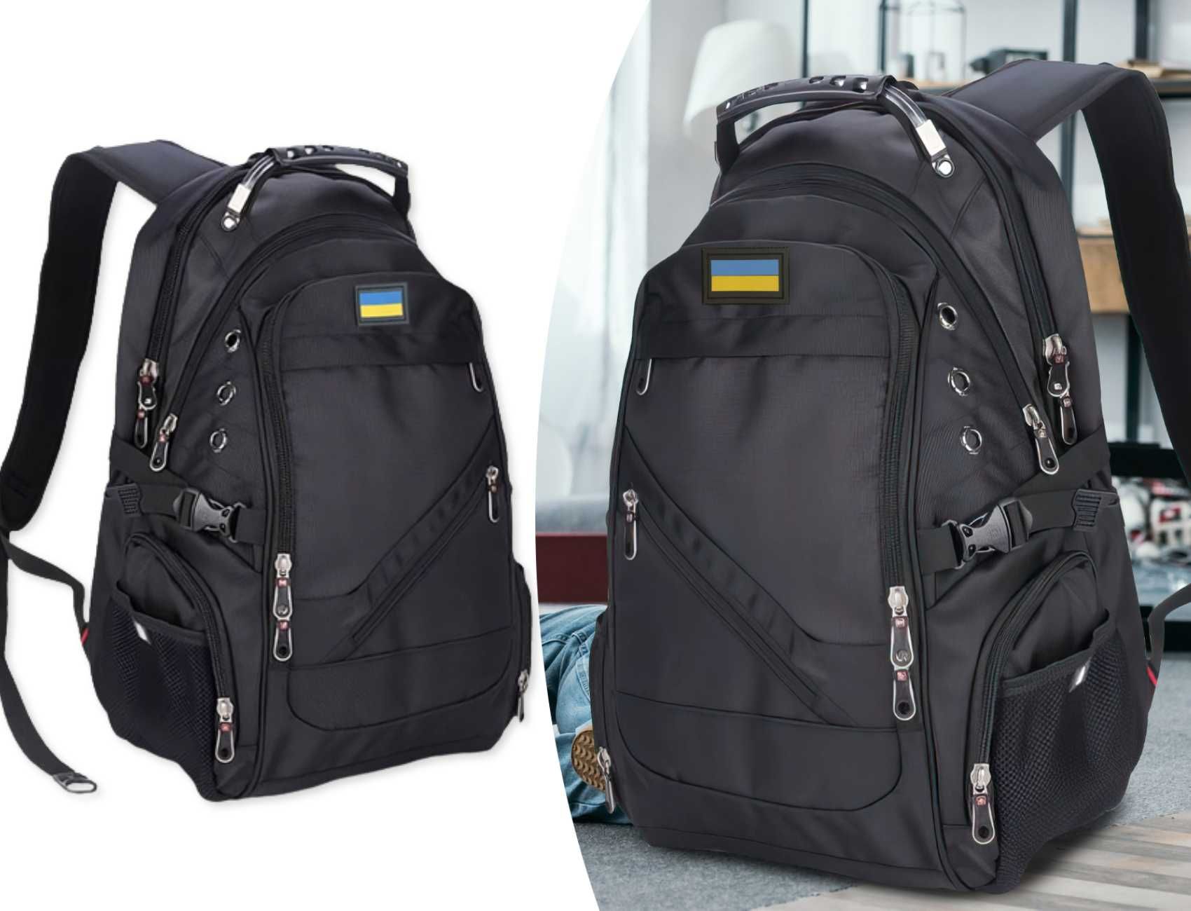 Швейцарский городской рюкзак с дождевиком 8810 черный с флагом Украины