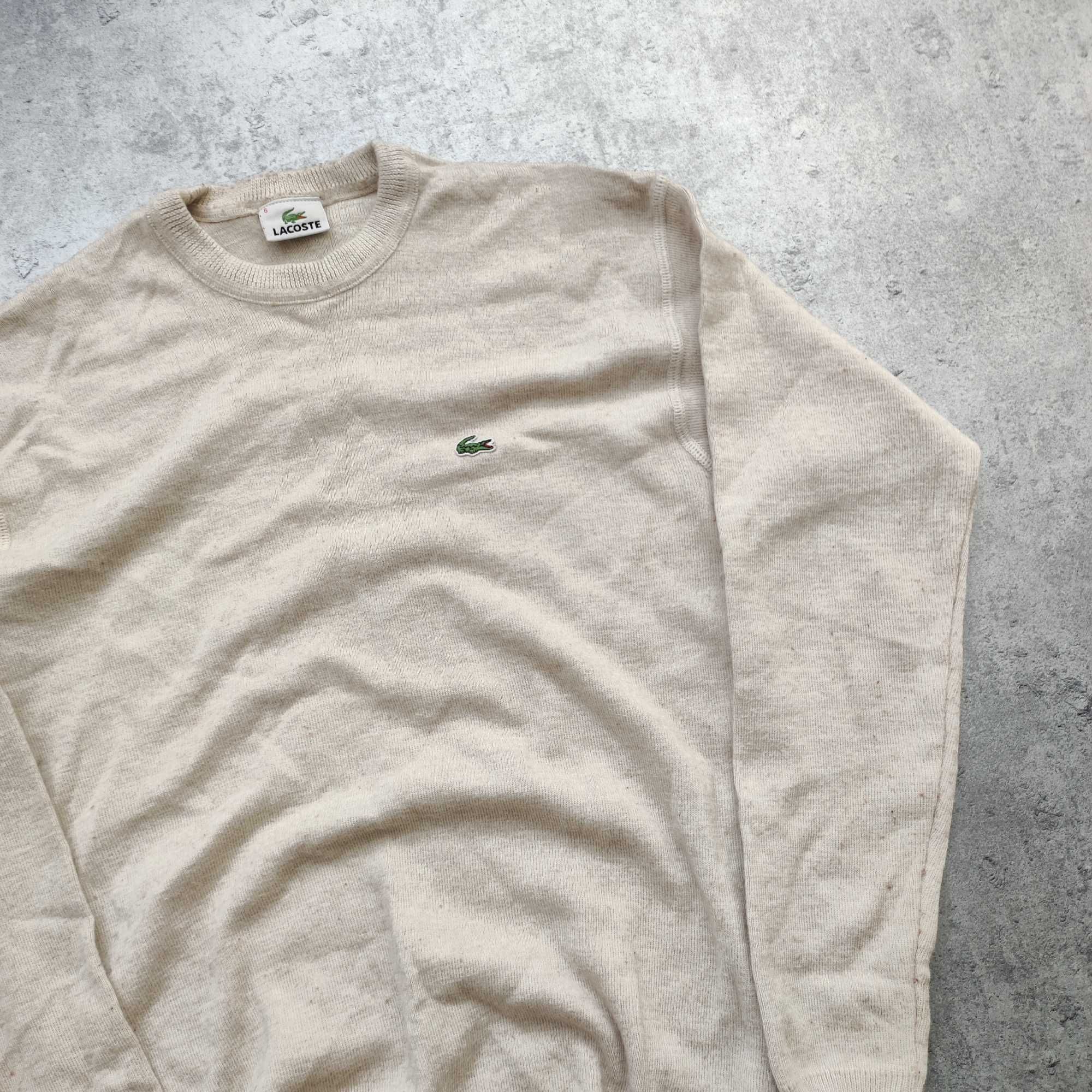 MĘSKI Elegancki Sweter PREMIUM Beżowy Wełna Haft Logo Lacoste Casual