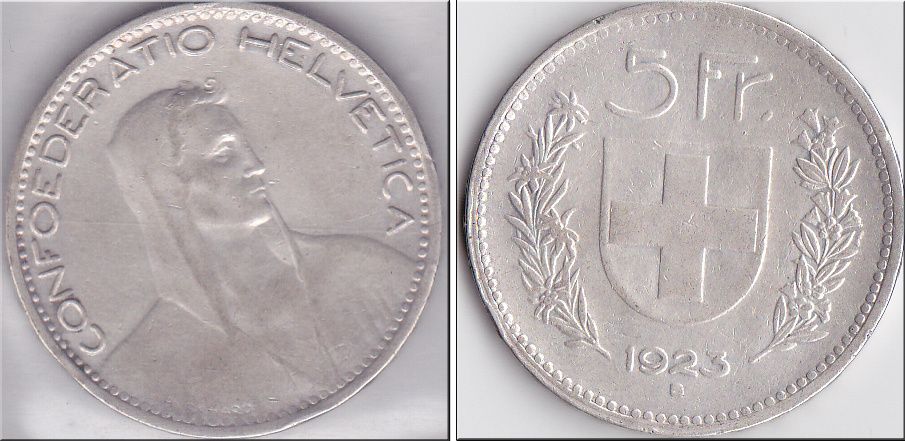 Prata Suíça 5 Francos - Tema Guilherme Tell (modulo maior) 1923 RARO