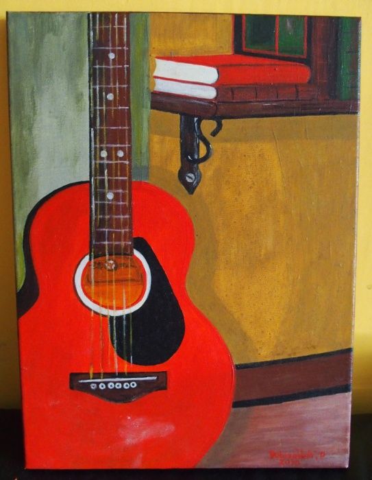 (hiszpanska ?) czerwona GITARA, obraz olejny 30x40 cm, (flamenco?)