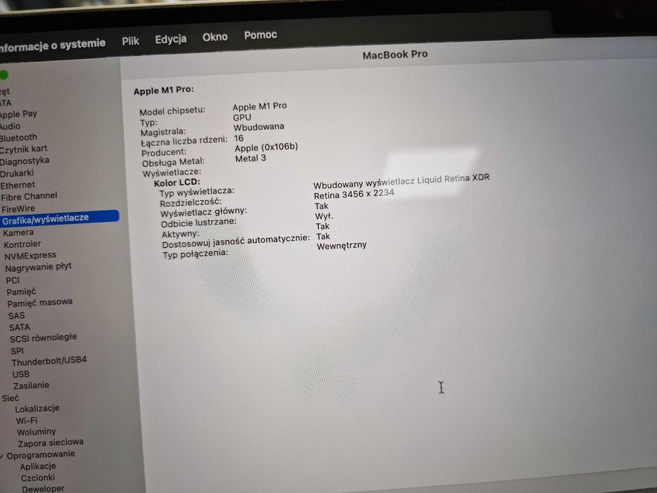 Macbook PRO 16 2021/ M1 PRO/ 16GB/ 500GB/ 6 cykli/ Grade A/ 3456x2234