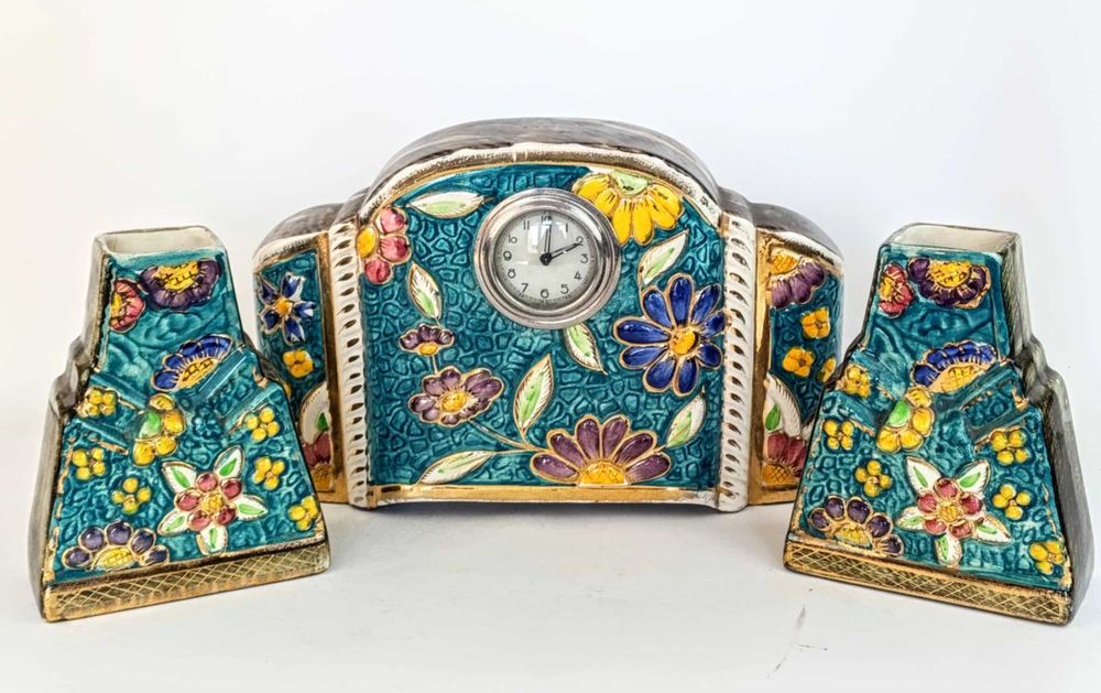 Secesja zegar z wazonami kominkowymi, komplet gabinetowy