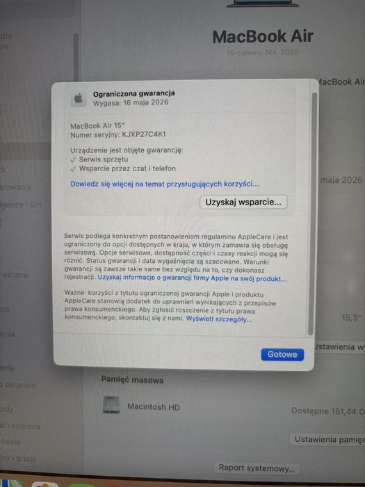 McBook Air 15.3” 2025 M4 16 GB RAM 256 SSD  Gwarancja