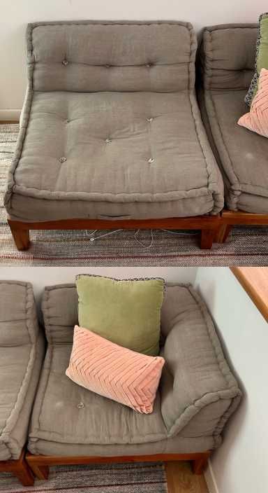 Grey sofa/couch with wooden base