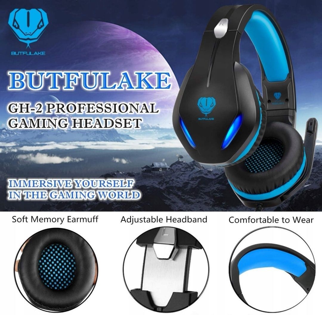 BUTFULAKE GH-2 SŁUCHAWKI nauszne PS4 PC XBOX Nintendo gamingowe LED
