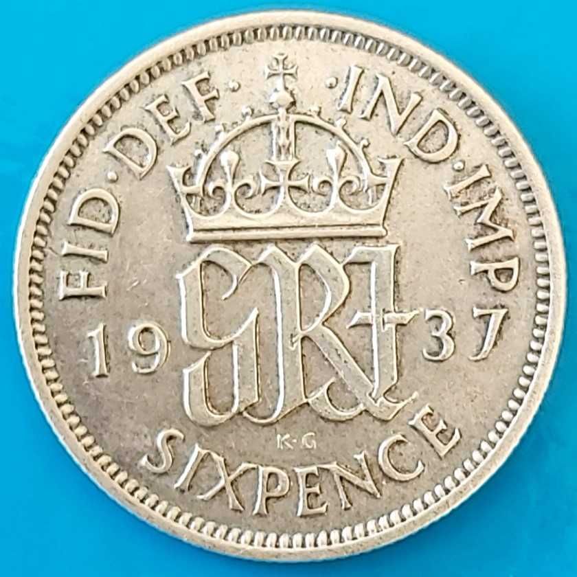 Six Pence de 1937 George VI,  Inglaterra, Prata