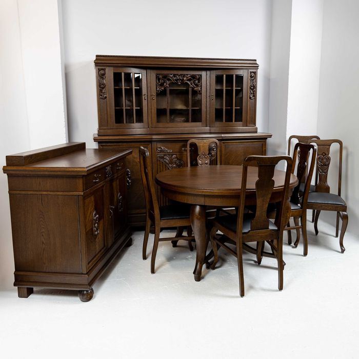 Stylowa jadalnia antyki kredens komoda okrągły stół 6 krzesła komplet