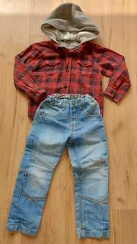 Zestaw jeansy Koszula 110 z kapturem czerwona kratka