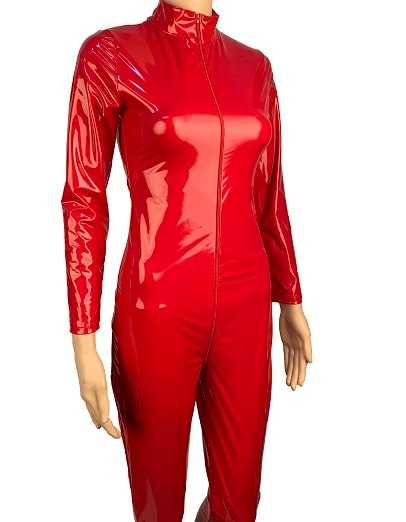 Kombinezon przebranie karnawał catsuit winyl latex czerwony z zamkami