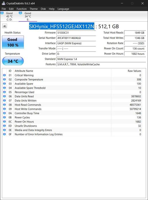 SSD 512Gb M.2 2242 PCIe 4.0 x4 SK hynix BC711 100% здоров'я