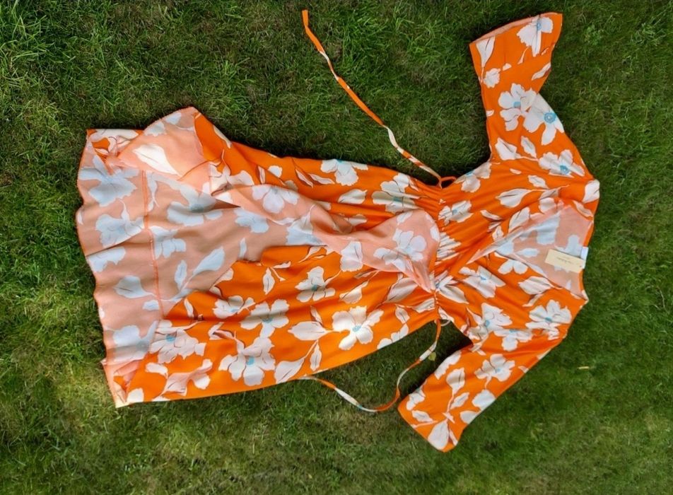 Nowa pomarańczowa wiskozowa sukienka w kremowe duże kwiaty M 38