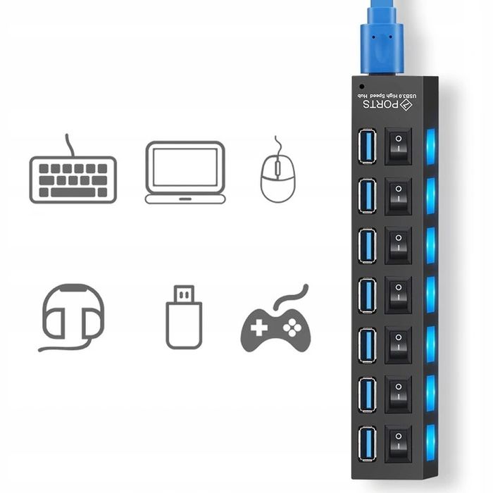 Rozdzielacz USB 3.0 7 portów Hub zasilacz aktywny do laptopa komputera