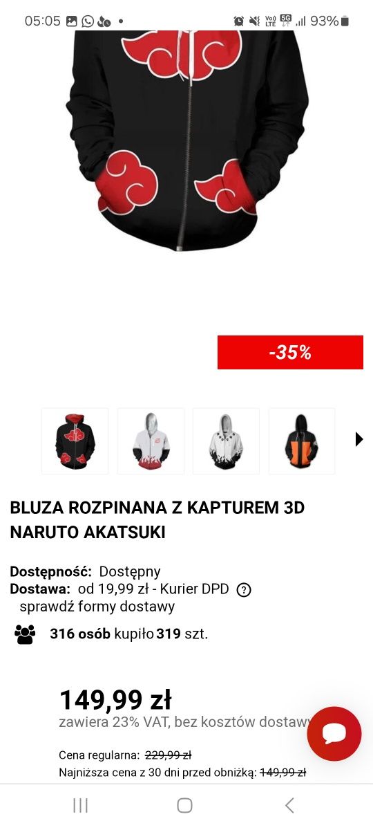 Bluza Rozpinana z kapturem 3D Naruto Akatsuki