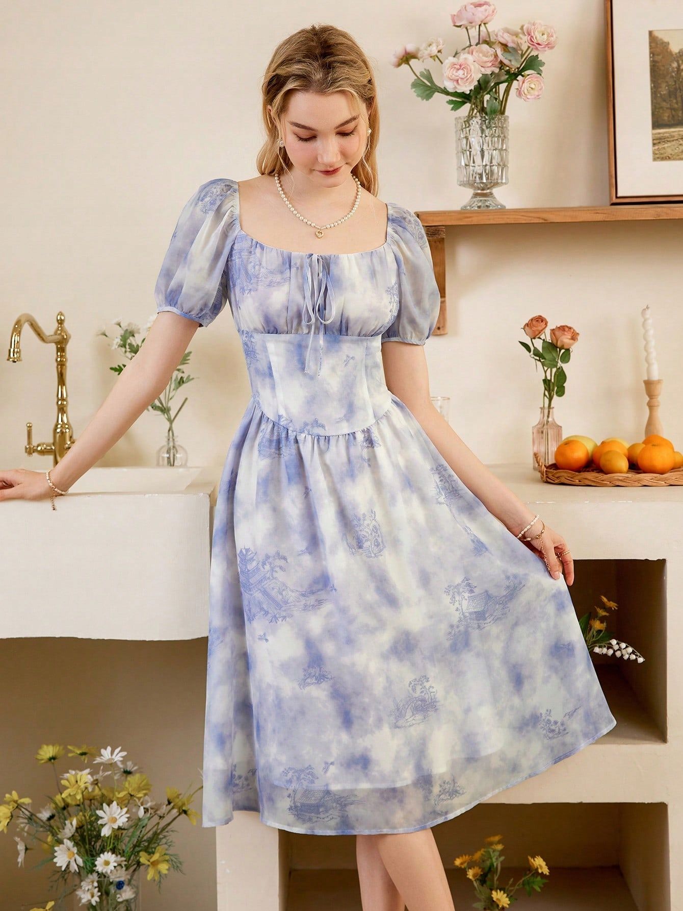 Sukienka Szyfonowa Rozkloszowana Tie Dye Bufiaste Rękawy Shein L 40