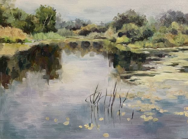 картина маслом живописний пейзаж озера з відображенням у воді