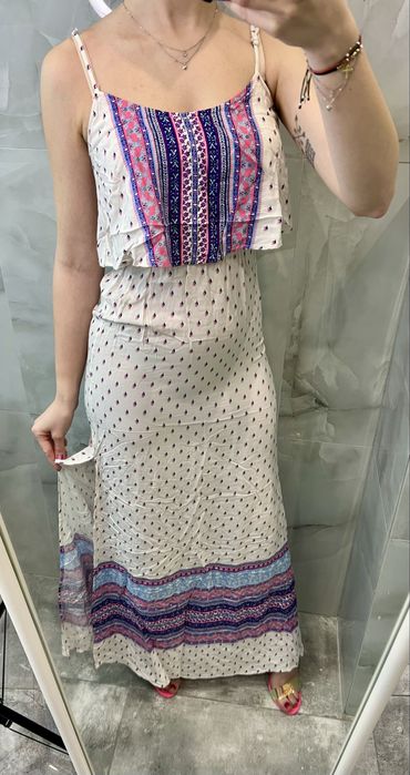 Sukienka maxi biała wzorki h&m xs różowa fioletowa dwa rozcięcia