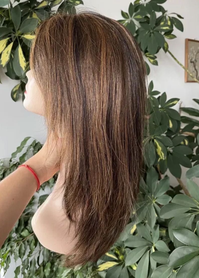 Przepiekna cieniowana peruka braz z pasemkami 100% naturalne wlosy