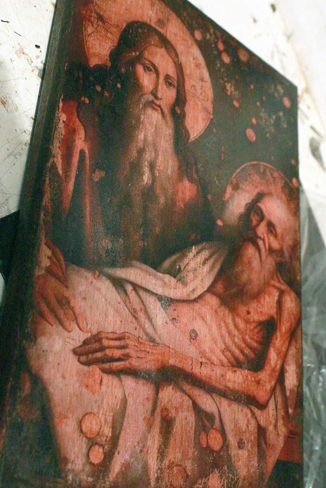 Необычная антикварная икона на доске  (Иисус и апостол)