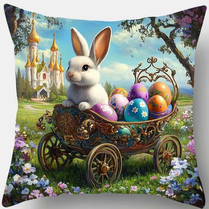 Zestaw 4 poszewek na poduszki z królikiem wielkanocnym, 45x45 cm
