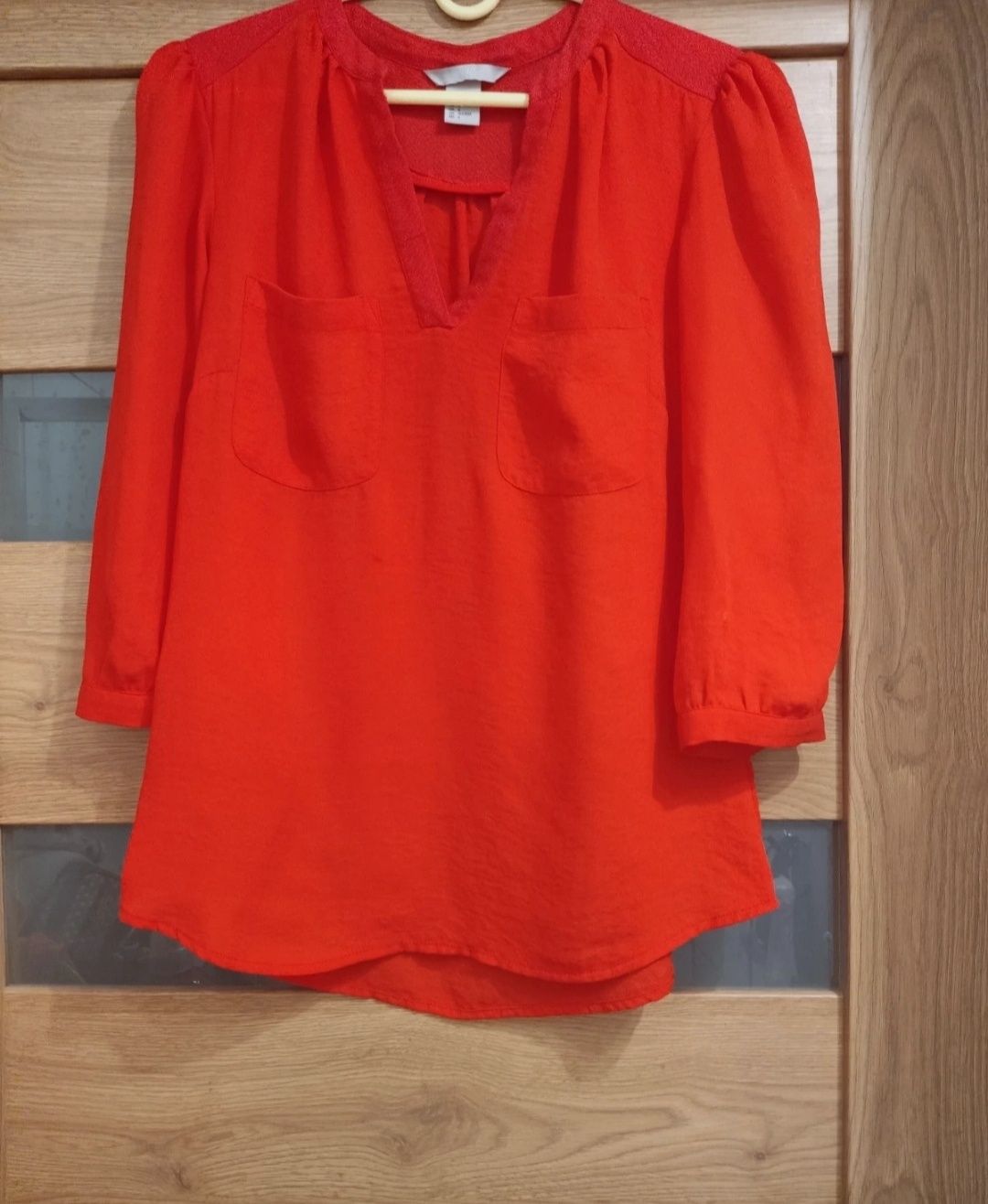 Bluzka czerwona s 36 h&m rękaw 3/4 elegancka koszula Vneck must have