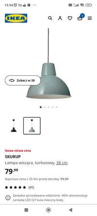 Lampa IKEA SKURUP sufitowa wisząca turkusowy