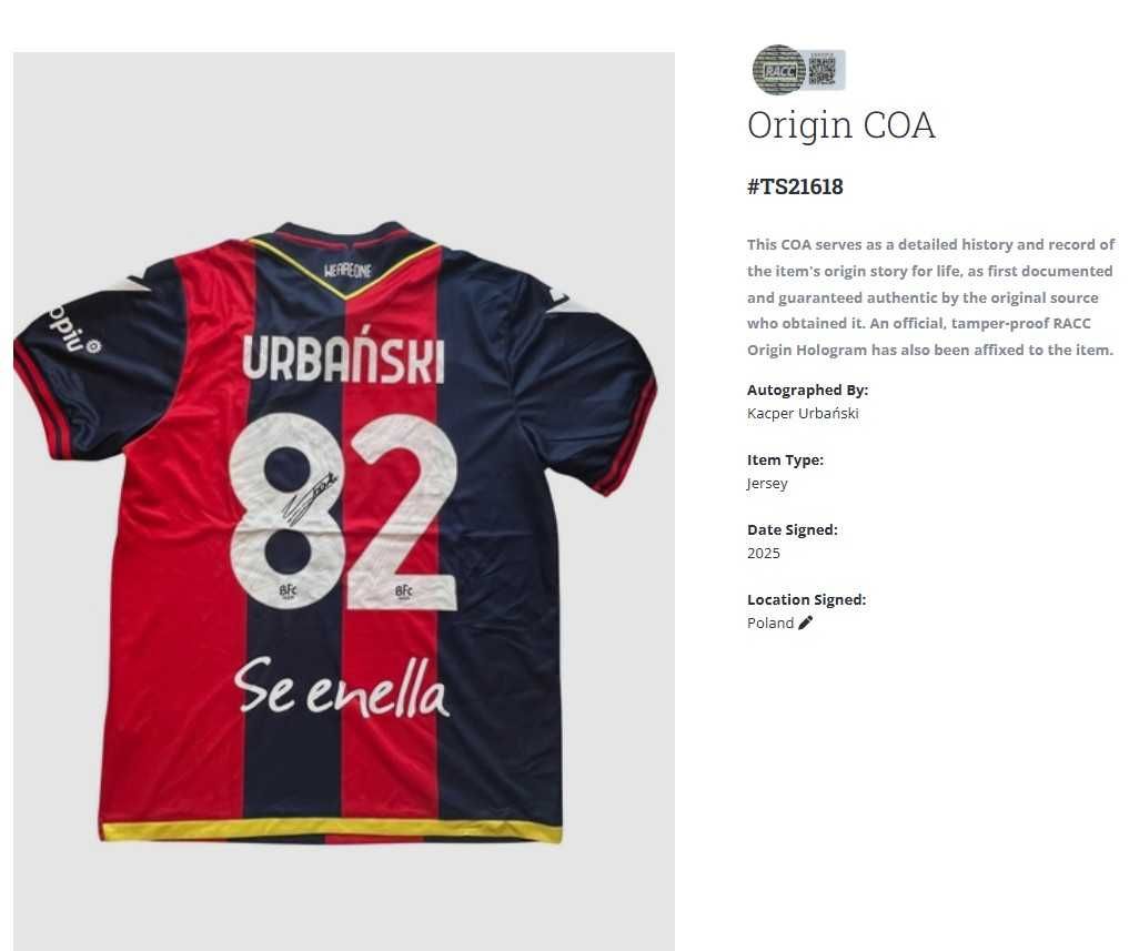 Kacper Urbański FC Bologna koszulka z autografem + certyfikat autenty.