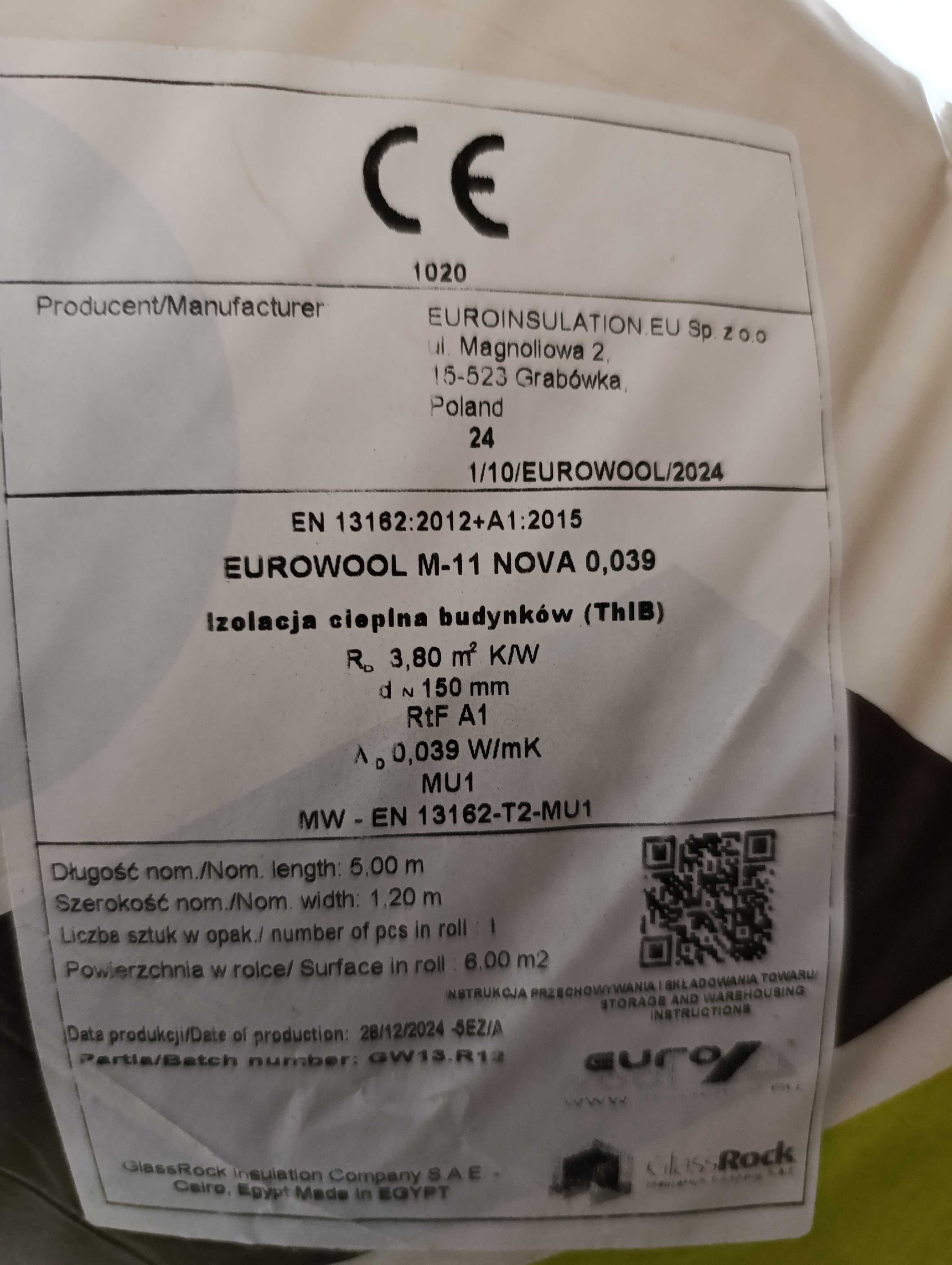 Wełna Eurowool 15cm / lambda 0,039 / rolka 6m2
