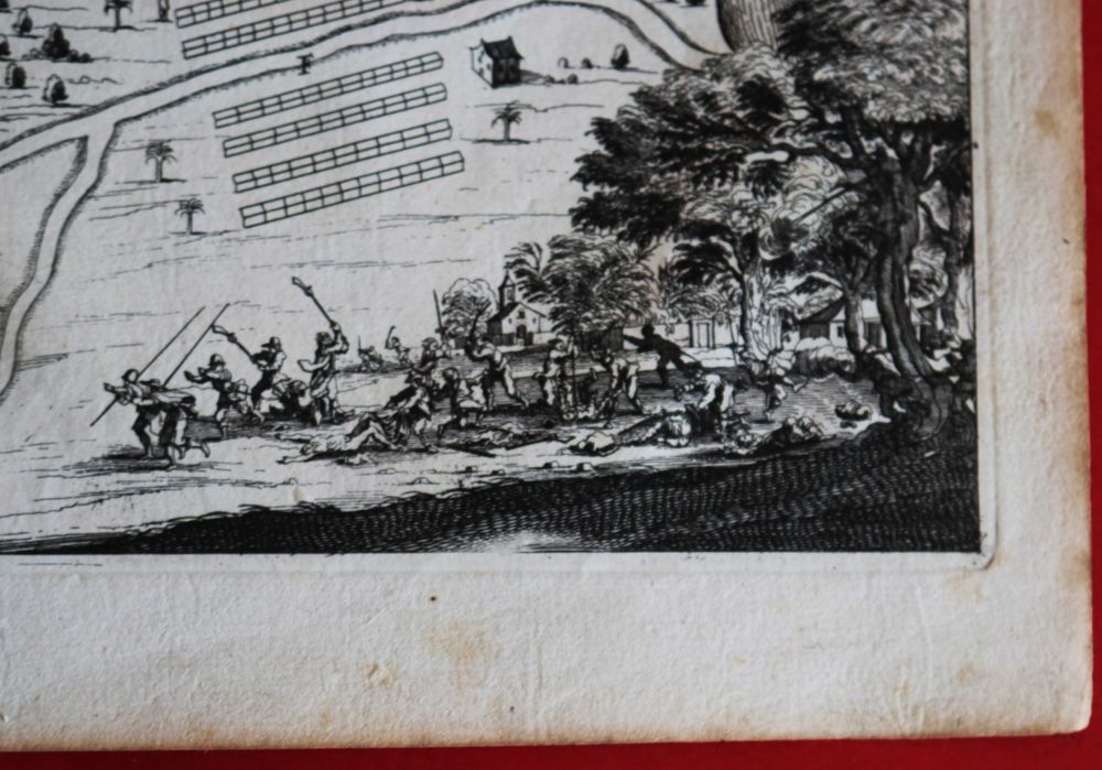 Mapa antigo com fortes e cena de batalha, séc. XVII