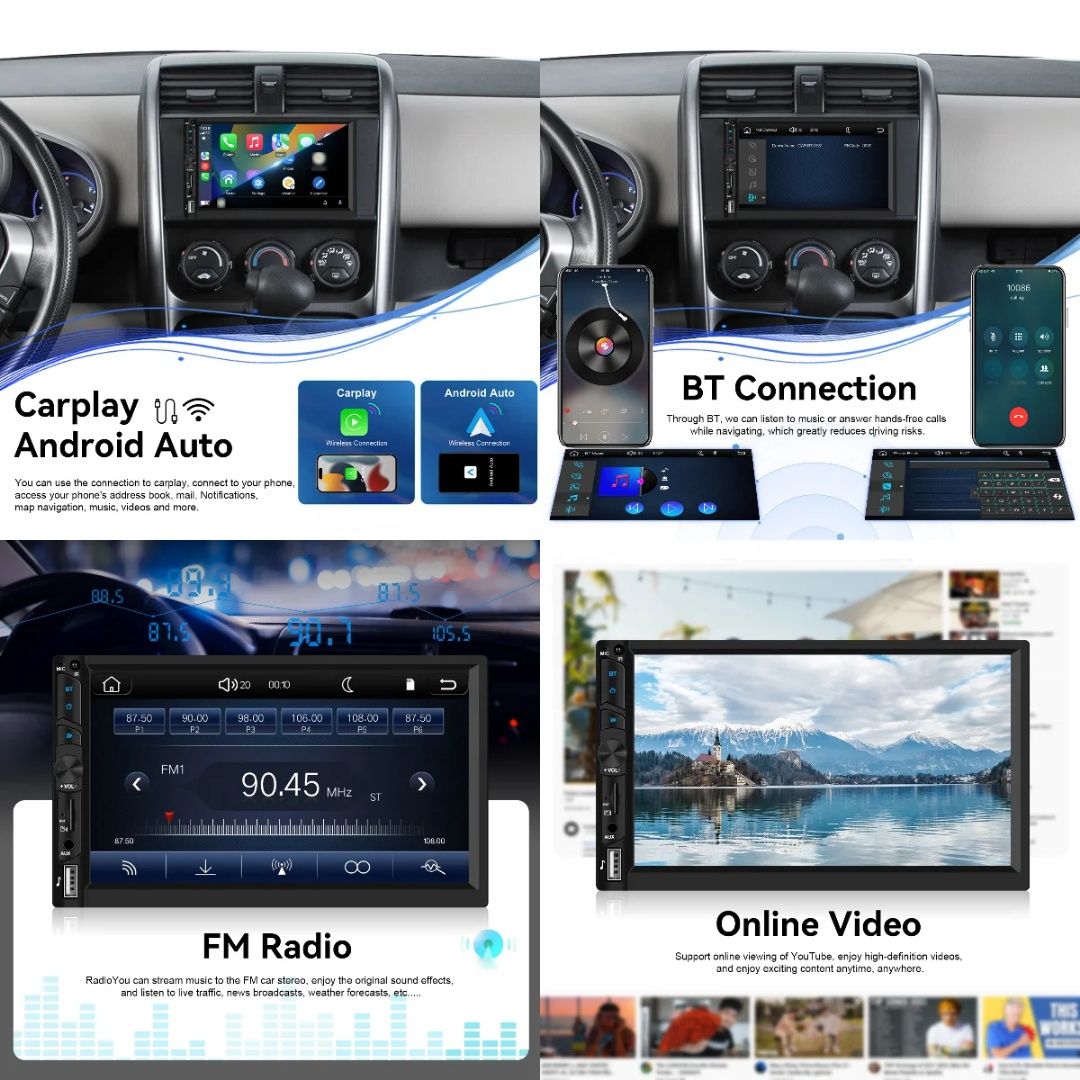 Autorrádio 2Din 7" IPS CarPlay/Auto S/Fios | Bluetooth | USB | YouTube