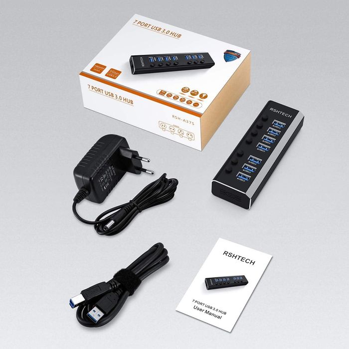 Aluminiowy hub USB 3 z zasilaczem 24W, 7 portów. Nowy