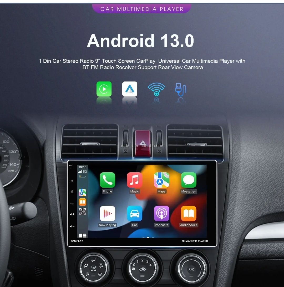 Rádio 1din 9" Android 13 Carplay 64GB HD WiFi GPS Bluetooth NOVO