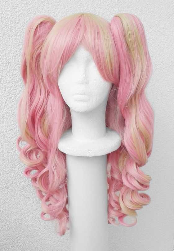 Lolita cosplay wig lokowana peruka różowa blond z kitkami