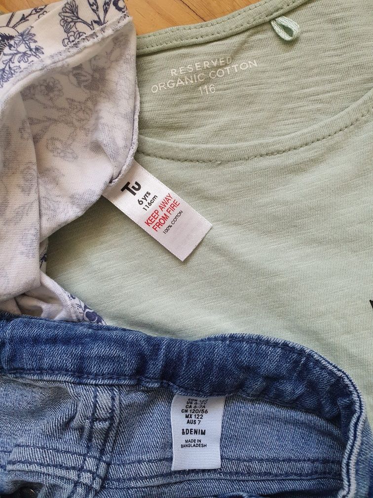 Zestaw komplet ogrodniczki spodenki na szelkach 116 h&m t-shirt gratis