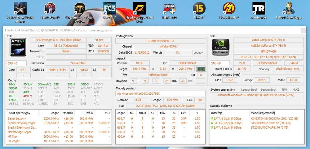 Komputer Phenom 955BE. 10GB DDR3. GTX 750Ti 2GB. 120SSD. 500HDD. Win10