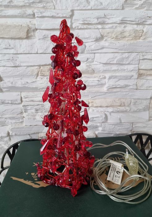 Lampka Choinka Czerwona z Koralików Ozdoba  Świąteczna Lampion