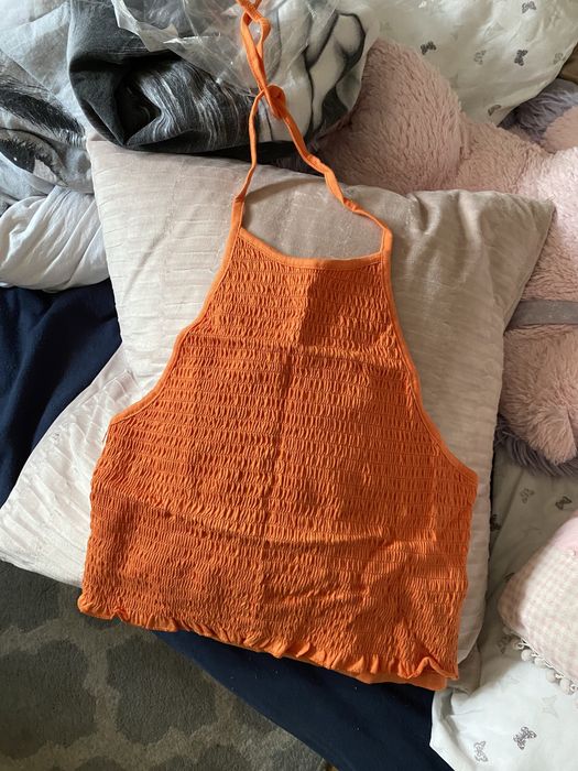 Pomarańczowy crop top bluzka halter wiazanie marszczenie m asos