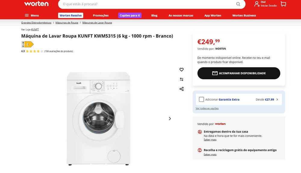 Máquina de Lavar Roupa KUNFT KWM5315 — 6 kg | 1000 rpm | Branco