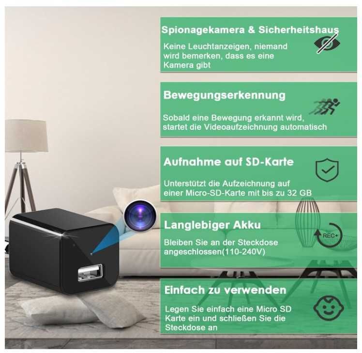 Kamera szpiegowska w kostce do ładowania telefonu USB, 1080P