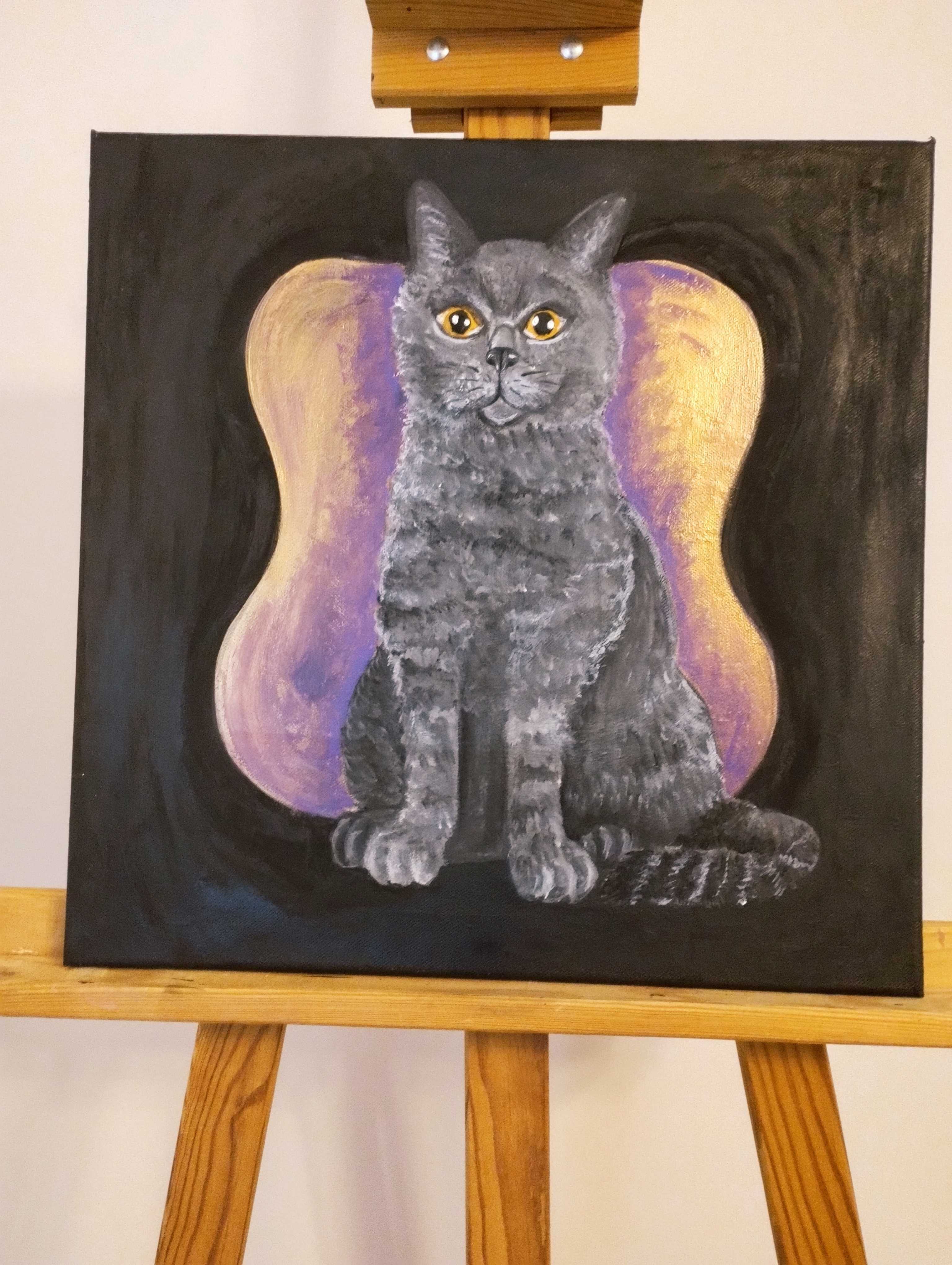Obraz kot na czarno - złotym tle, ręcznie malowany/handmade